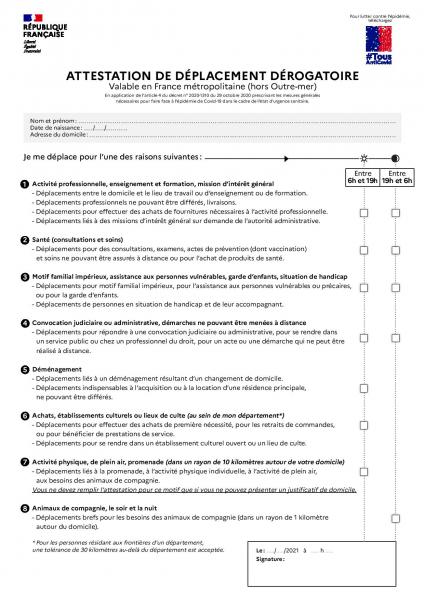 Nouvelle attestation de déplacement et confinement jusqu'au 02 mai.....