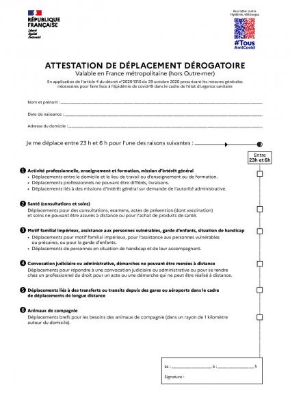 Nouvelle attestation de déplacement en couvre feu