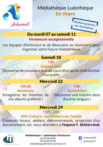 Les rendez-vous de la médiathèque et ludothèque à Achicourt en mars